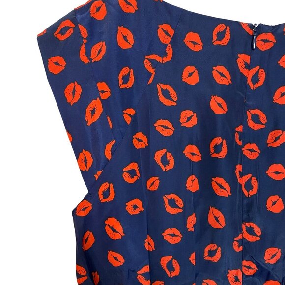 Neiman Marcus Navy Red Lips Kiss Print Cap Sleeve A-Line Mini Dress Size 14 - Picture 3 of 13